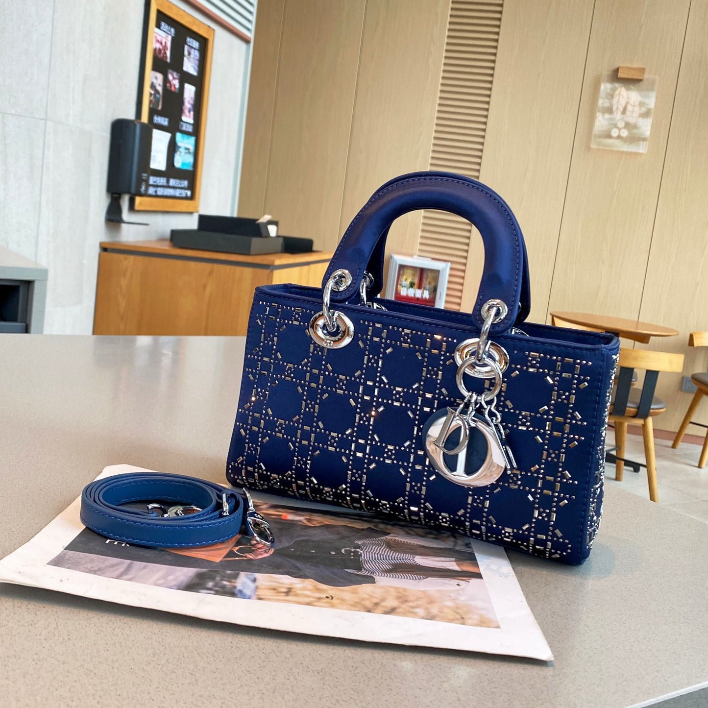 Dior Lady D-Joy Bag (Royal Blue Satin with Crystal/Bead Embellishment)