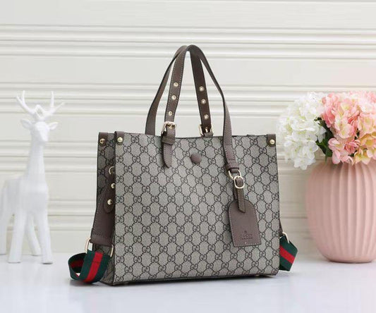 Gucci Ophidia Medium GG Tote Bag with Blue Leather Trim (Beige/Ebony GG Supreme with Brown Leather)