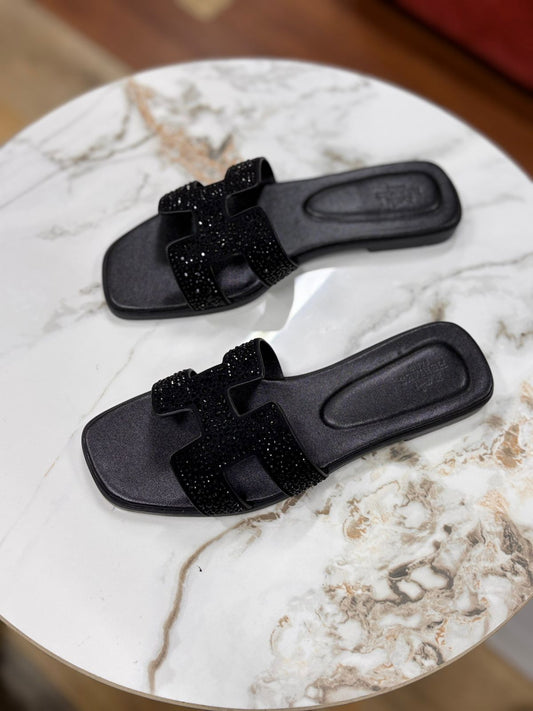 Hermès Oran Sandal (Black with Crystal Embellishments)