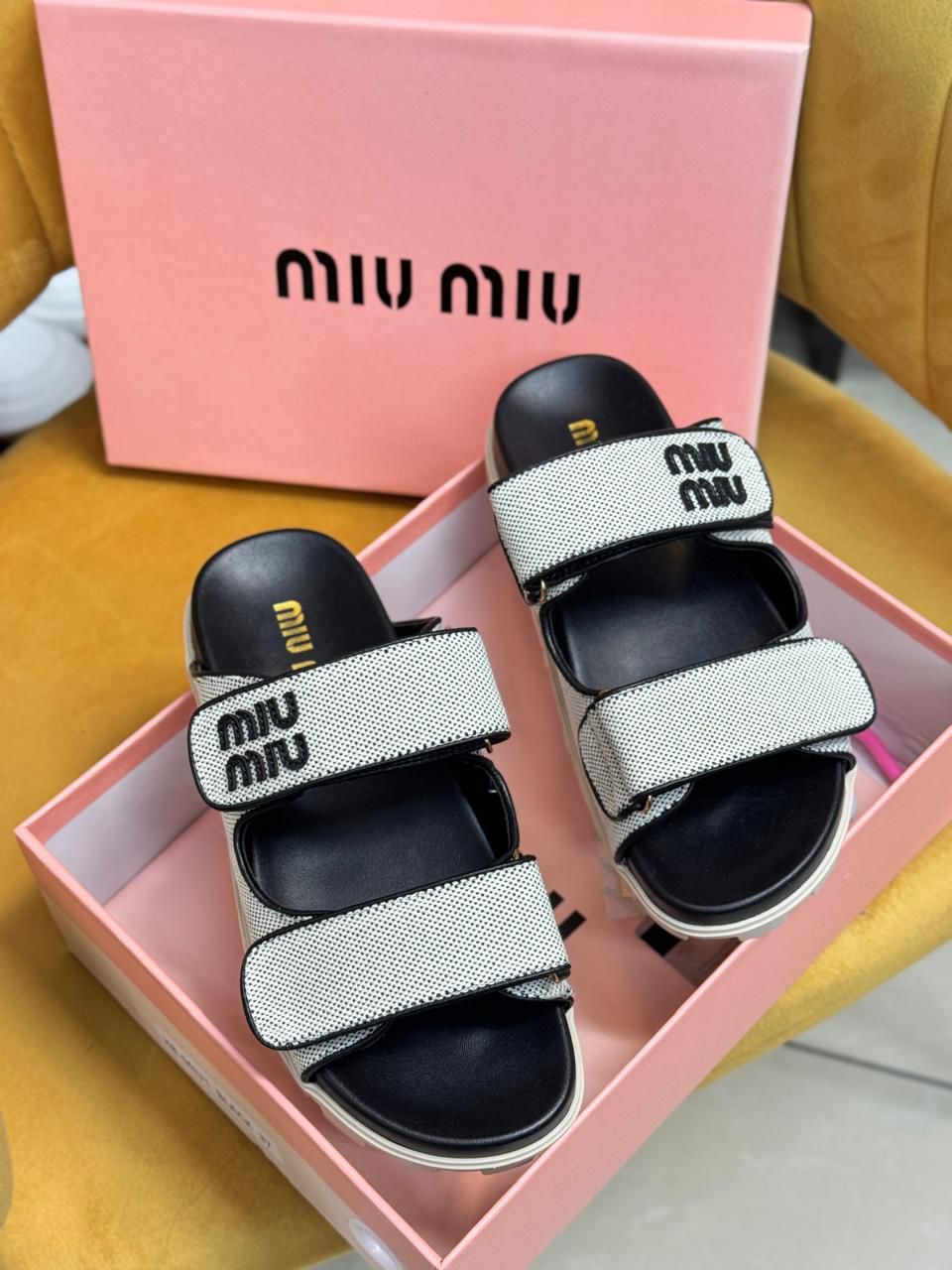 Miu Miu Technical Fabric Slide Sandals (White/Black)