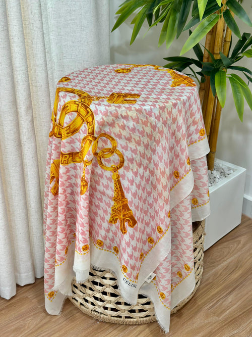 Celine Houndstooth Eiffel Tower Scarf (Pink/White/Gold)
