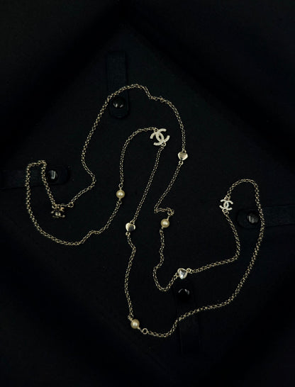 Chanel CC Heart & Pearl Long Sautoir Necklace (Gold/White/Crystal)